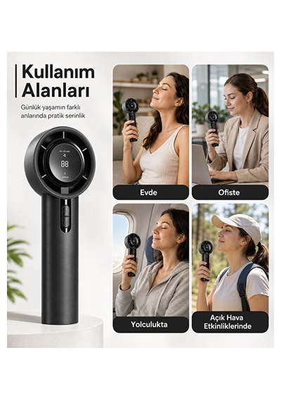100 Kademeli Dijital Göstergeli Şarjlı El Fanı Taşınabilir Yüksek Hızlı Mini Vantilatör Siyah