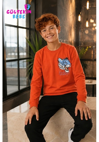 Tarık İnterlok Kumaş Çıta Baskılı Erkek Pijama Takımı 11-16 Yaş -ta4405470 - Turuncu