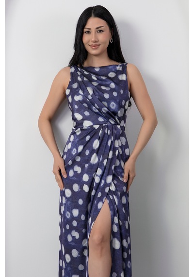 Kalopya Kare Yaka Beli Büzgülü Yırtmaçlı Elbise Yzc25y223 Lacıvert/ekru