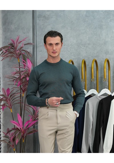 Modefendi Slim Fit Kalıp Pamuk Likra Sade Bisiklet Yaka Triko Kazak Yeşil