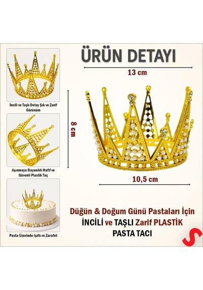 İncili Ve Taşlı Plastik, Pasta Süsleme Tacı 10,5 Cm X 8 Cm - Altın