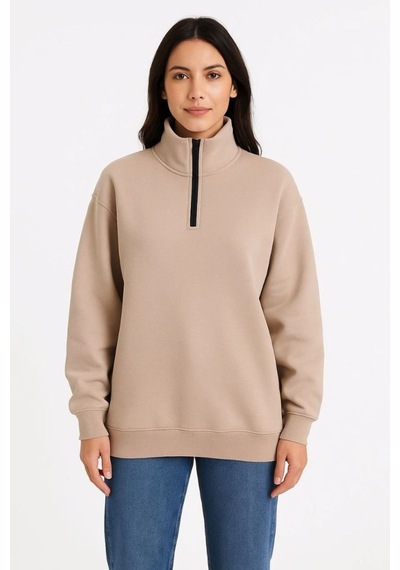 Kadın 3 İplik Dık Yaka Yarım Fermuarlı Sweatshirt - Bej