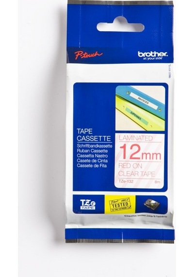 BROTHER P-TOUCH TZE-132 TZE-TAPE 12MM ŞEFFAF  ÜZERİNE KIRMIZI LAM