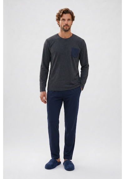 Tudors Erkek Standart Fit Rahat Kesim Uzun Kollu Pamuklu Gri Lacivert Pijama Takımı-51177