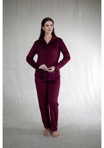 Estiva Kadın Önden Düğmeli Kadife Pijama Takımı Bordo