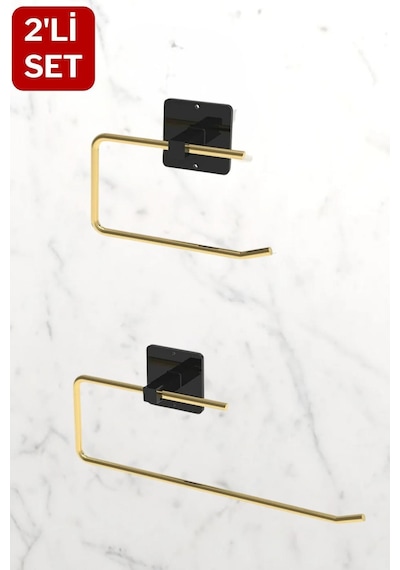 Yapışkanlı Siyah-gold Tuvalet Kağıdı Askısı Ve Rulo Havluluk, Paslanmaz 2'li Set, Banyo Seti Diğer