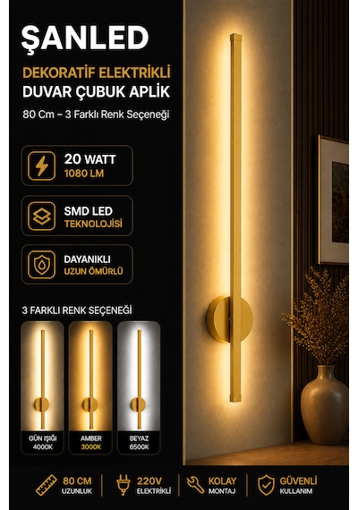Dekoratif 20w İç Mekan Gold Kasa 3 Renkli Işık Elektrikli 80 Cm Duvar Aplik 1 Adet