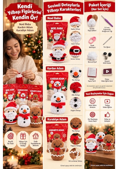 Selfıko Yılbaşı Örgü Öğrenme Seti Noel Baba Kardan Adam Kurabiye Adam Amigurumi 3'lü Hobi Kiti Çok Renkli