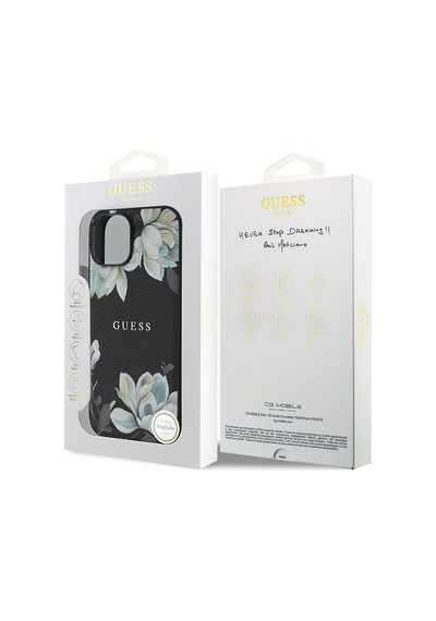 Apple Uyumlu iPhone 15 Kılıf Guess Lisanslı M-safe Özellikli Taneli Çiçek Tasarımlı Metal Yazı Logolu Kapak Siyah