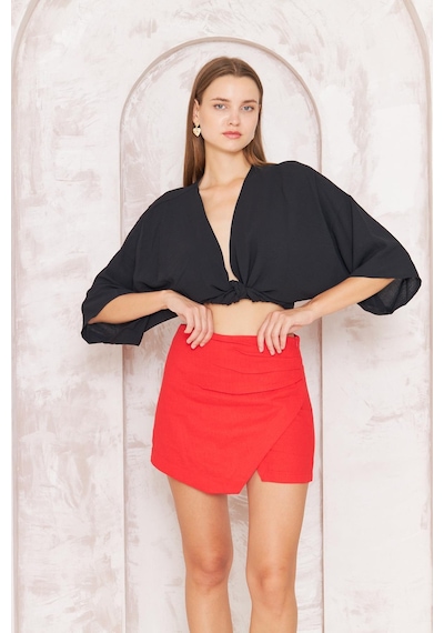 Darlin Moda Kadın Kırmızı Drapeli Yırtmaçlı Keten Karışımlı Mini Şort Etek Dm2035 958 Kırmızı