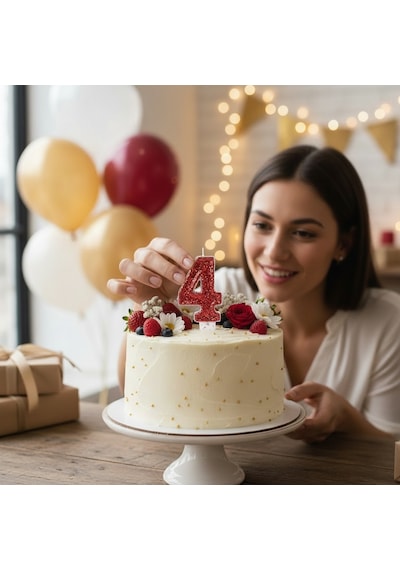 Kırmızı Sim Pasta Mumu Doğum Günü Mum 4 Yaş