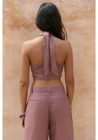 Mai Collection Mai Studios Co. Lvdovila Açık Bordo Keten Crop Yelek Pantolon Takım Acık Bordo