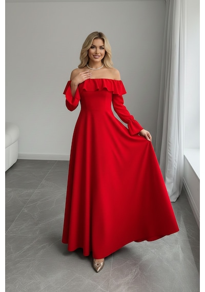 Defymoda Kadın Modern Kesim Fırfır Detaylı Elbise Kırmızı