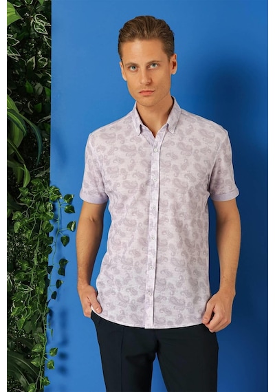 Efor Slim Fit Düğmeli Yaka Şal Desenli Kısa Kol Pamuk Lila Gömlek G 1501 Lila