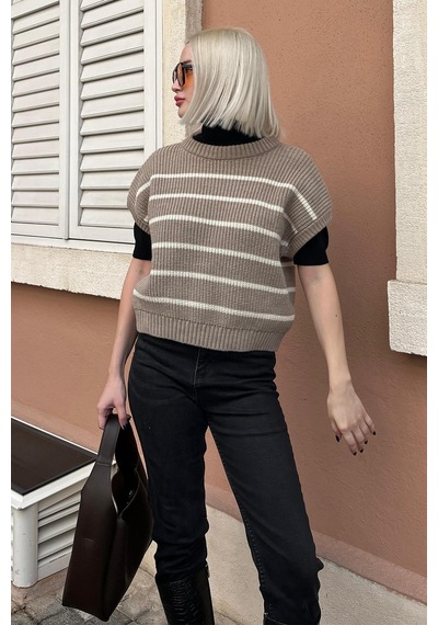 Madmext Vizon Çizgili Triko Süveter Mg2159 Vizon