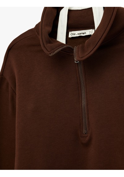 Koton Modal Karışımlı Atlet Detaylı Yarım Fermuarlı Uzun Kollu Sweatshirt Kahverengi 6sal10337ık Kahve