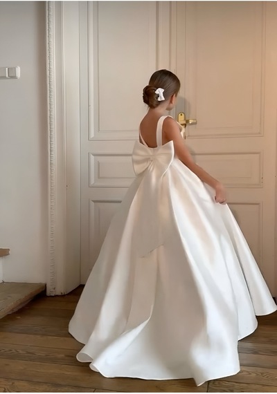 Miço Kids Askılı Fiyonk Detaylı Saten Kız Abiye Elbise Beyaz