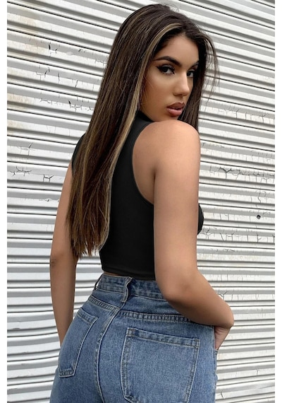 Alfa Aksesuar 03 Kadın Siyah Yarım Fermuarlı Sıfır Kol Crop Top Bluz