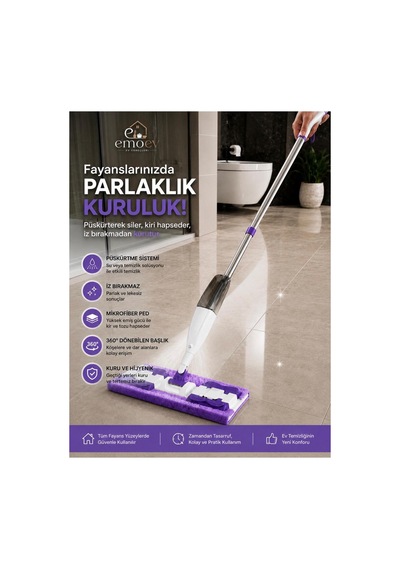 2'li Zemin Temizlik Seti - Su Püskürtmeli Spreyli Mop Paspas & 50 Cm Geniş Başlıklı Silikon Yer Çekçek 180 Döner