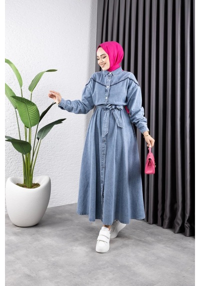 Harman Butik Kadın Düğmeli Kuşaklı Kot Tesettür Elbise Mavi Mavi