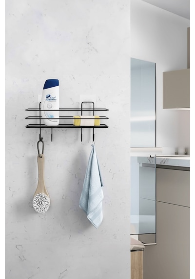 Siyah Yapışkanlı Banyo Rafı Mutfak Rafı Çok Amaçlı Askılı Düzenleyici Organizer Paslanmaz Şampuanlık Siyah