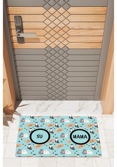 Rugmood Modern Dijtal Baskı Mavi Su, Mama Kabı Matı Kapı Önü Paspası Çok Renkli