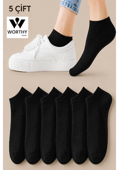 Worthy Socks 5'li Kadın Fitilli Kısa Siyah Patik Çorap