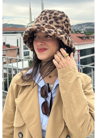 Mollycrush Kadın Kışlık Leopar Desenli Peluş Şapka Soğuk Geçirmez Sıcak Tutan Bucket Camel Leopar