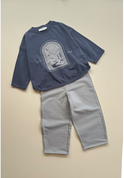 Cigit Oversize Uzun Kollu T-shirt Takım 2-8 Yaş Lacivert