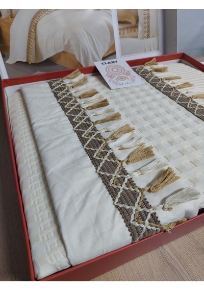 Clasy Butik Çift Kişilik Pike Takımı Bohemline Ekru