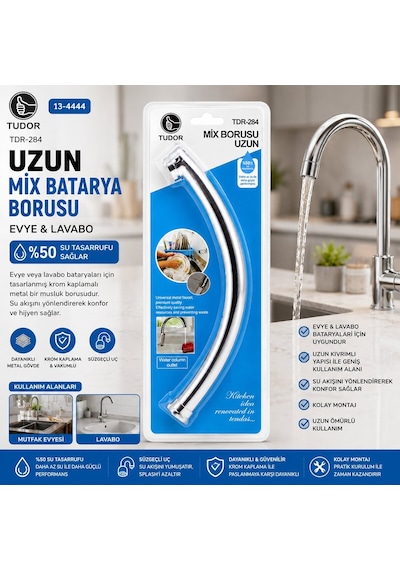 Tudor Tdr-284 Kuğu Uzun Mix Batarya Borusu - Evye Ve Lavabo, Krom Kaplama, Süzgeçli Uç, Vakumlu
