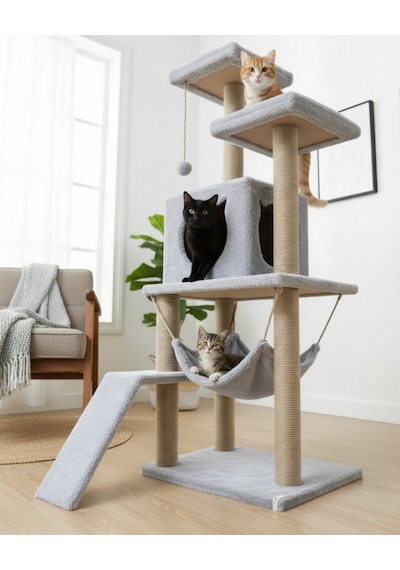 Reyo Pet S9 Kedi Tırmalama Kulesi Platformlu 124 Cm Gri