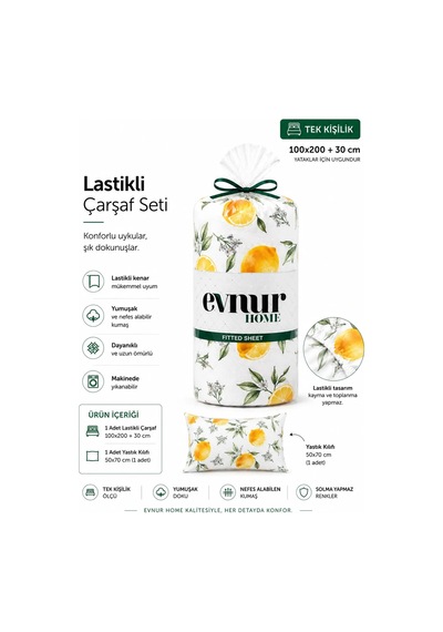 Evnur Home Limonlu Lastikli Çarşaf Seti Tek Kişilik Çok Renkli