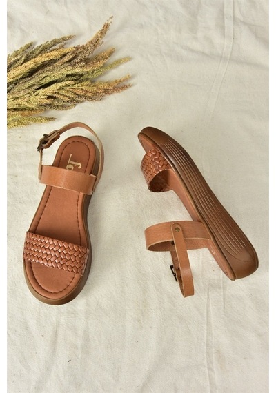 Fox Shoes Taba Hakiki Deri Örgü Modelli Günlük Kadın Sandalet