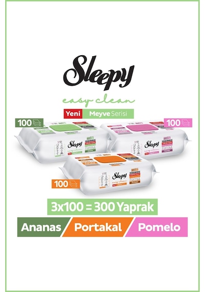 Sleepy Meyve Serisi Yüzey Temizlik Havlusu Mendili Portakal+Ananas+Pomelo 3X100 (300 Yaprak)