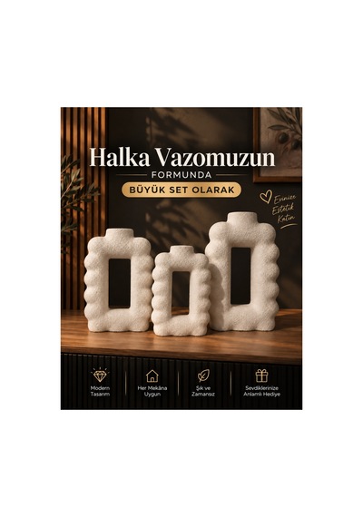 Dekoratif Dikdörtgen Vazo Mega Set 20-17-14 Cm Bohem De Yeni Form İskandinav Değil Meram Tarzı Beyaz Beyaz