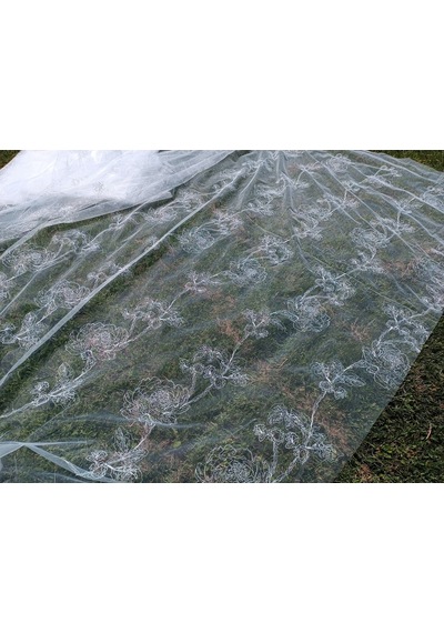 Gül Desenli İşlemeli Tül Perde Beyaz 2,85X12M
