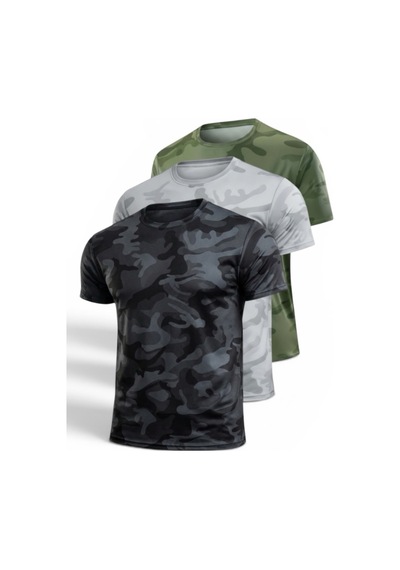 Serablanka 3'lü Erkek Nem Emici Hızlı Kuruma Atletik Teknik Kamuflaj Desenli Spor T-shirt Siyah-gri-haki