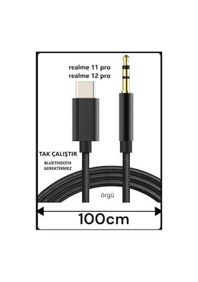 Realme 11 Pro Realme 12 Pro Aux Kablo Type C Aux Kablo Dac Çipli Örgü Tak Çalıştır