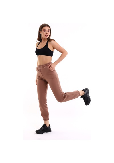 Winmoda34 Kadın Üç İplik İçi Şardonlu Polarlı Eşofman Altı Jogger Rahat Kalıp Bej