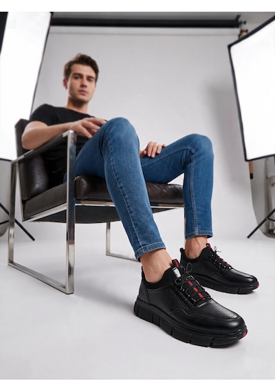 Aren Hakiki Deri Günlük Kullanım Erkek Sneaker Günlük Ayakkabı siyah