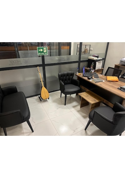 Ahşap Ayaklı Kollu Siyah Deri Ofis Koltuğu Büro Koltuğu Deri Ofis Bekleme Koltuğu 2 İkili 2 Tekli Siyah