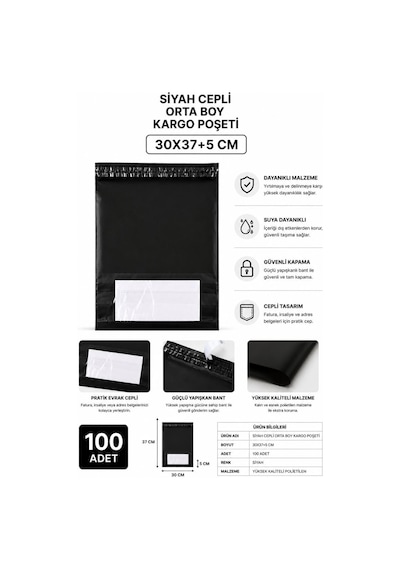 Siyah Cepli Orta Boy Kargo Poşeti 30x37+5 Cm 100 Adet