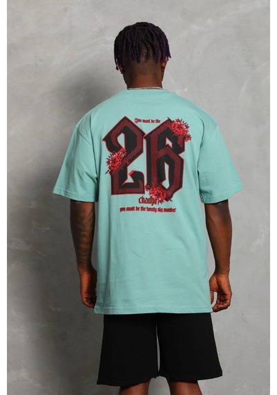 Barlashive Erkek Baskılı Tişört Kısa Kol Bisiklet Yaka Oversize T-shirt - Mint Yeşili Çok Renkli