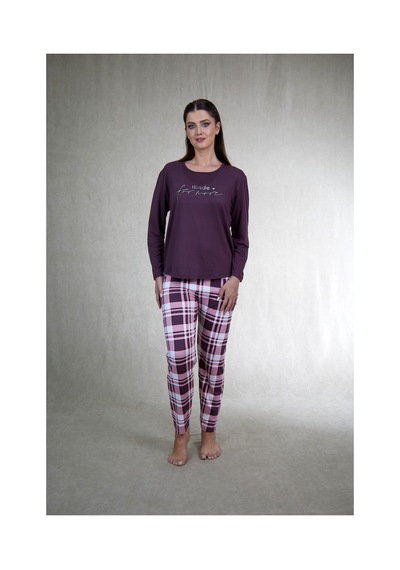 Estiva Kadın Kareli Alt Desenli Mürdüm Uzun Kollu Soft Pijama Takımı Çok renkli