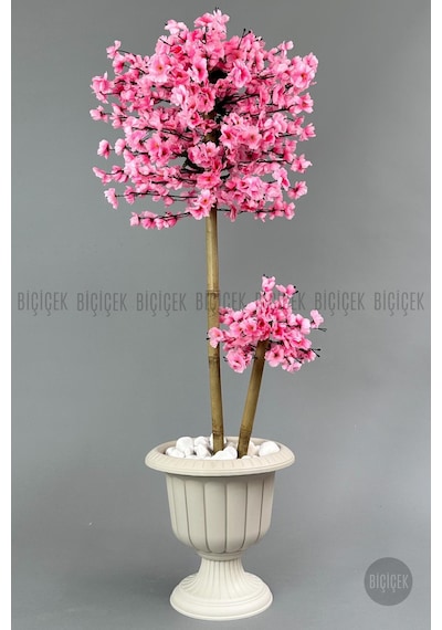 Biçiçek Yapay Pembe Sakura Ağacı 125 Bahar Dalı Krem Nergi̇s Saksıda