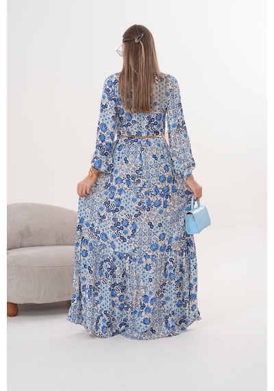 Polologin Butik Çiçekli Viskon Elbise Mavi