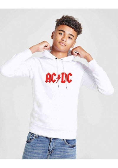 Tshirthane Acdc Logo Kırmızı Baskılı Unisex Çocuk Kapüşonlu Beyaz Sweatshirt Beyaz