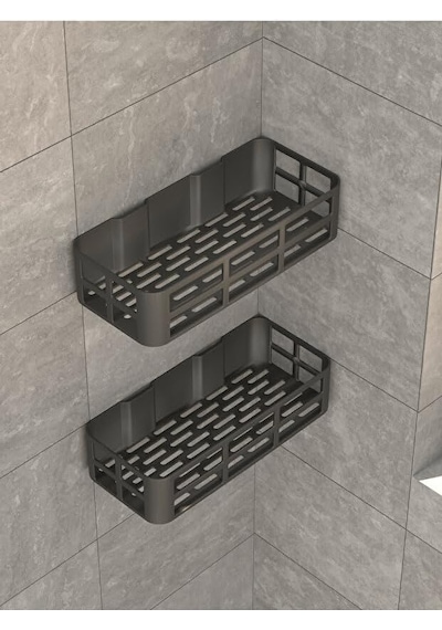 Evo 2li Yapışkanlı Duvar Organizer Siyah Banyo Duş Rafı Seti Delme Gerektirmez Banyo Düzenleyici