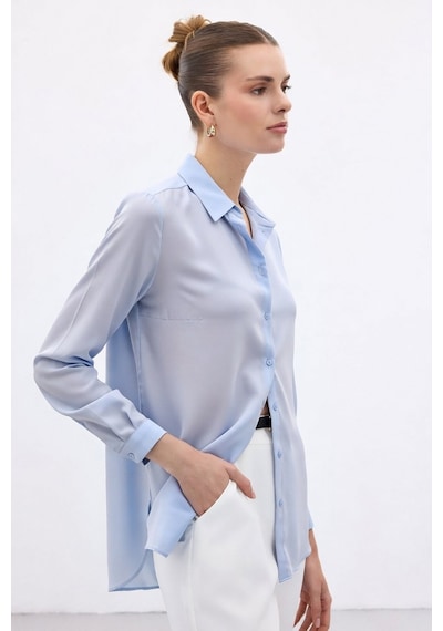 Sateen Düz Klasik Gömlek - Mavi-136998 Mavi